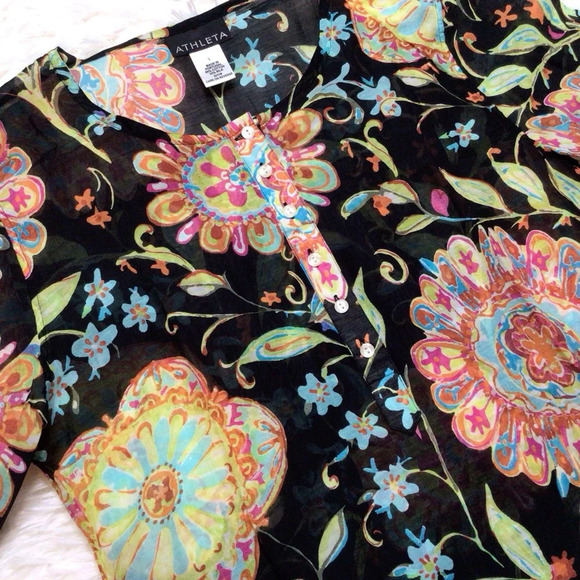 Athleta Silk Tunic Swim Cover Semi Sheer Floral Buttons Boho Swim Cover Small M - Picture 4 of 11
